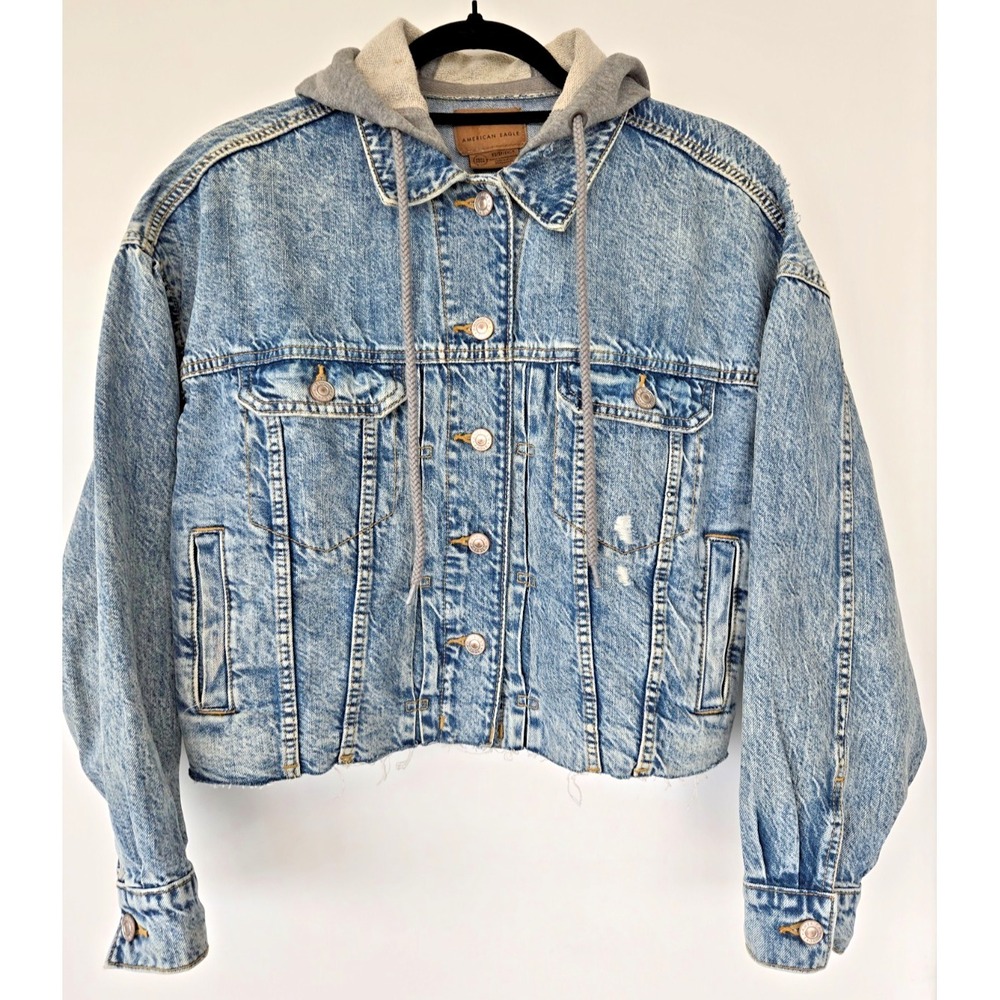 American Eagle Hoodie Jean Jacket Raw Hem W's XS Boyfriend Cropped Y2K Grunge